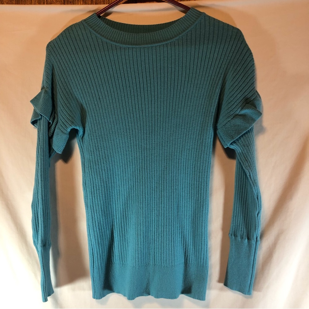 Cupcake Clothing LTD teal long sleeve ribbed ruffled shoulders knit sweater S